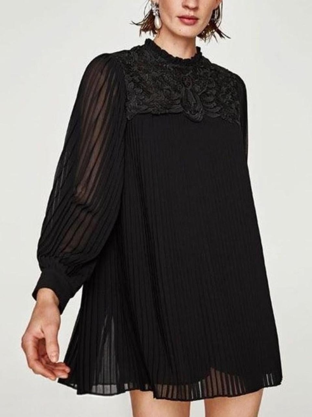 Zara Black Lace-Yoke Pleated Mini Dress